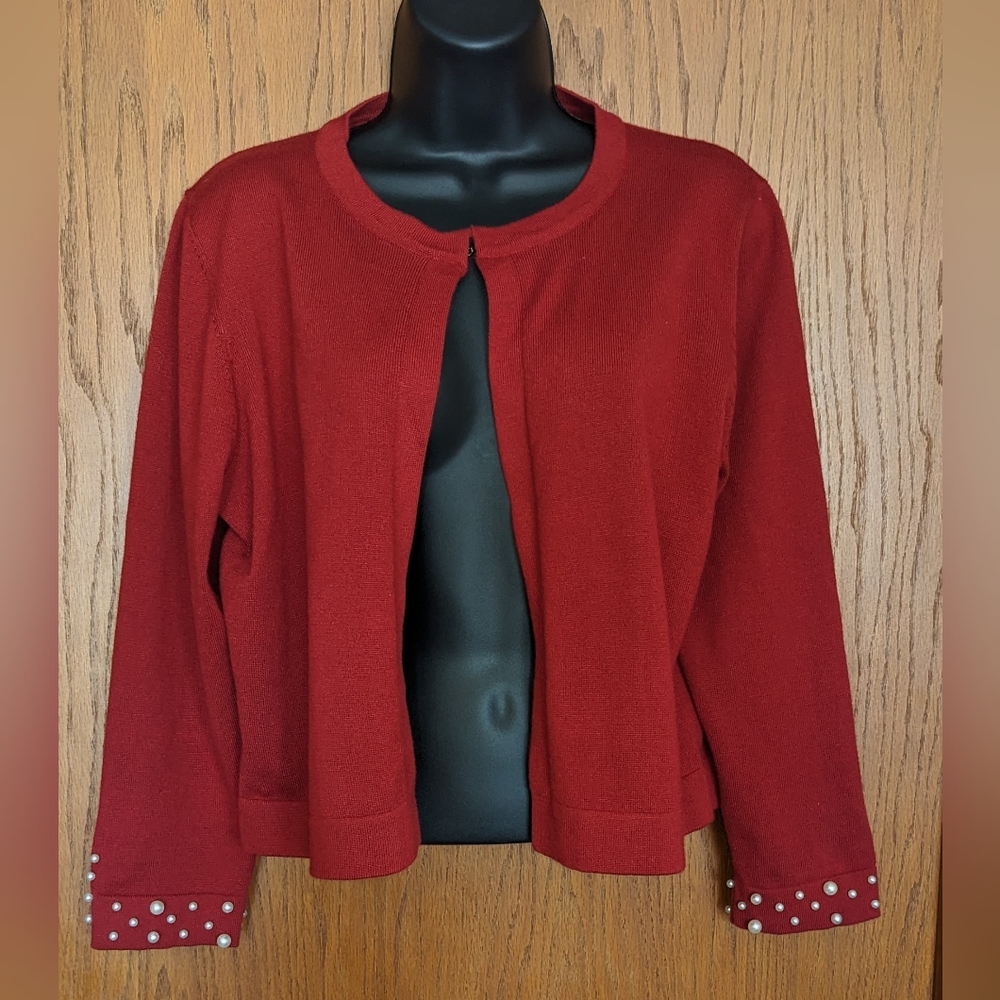 Women's Nina Leonard Red Cropped Cardigan Faux Pearl Embellished Cuffs, Sz XL